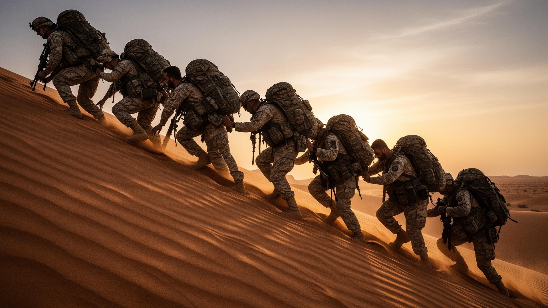 Section d'hommes en progression dans les dunes
