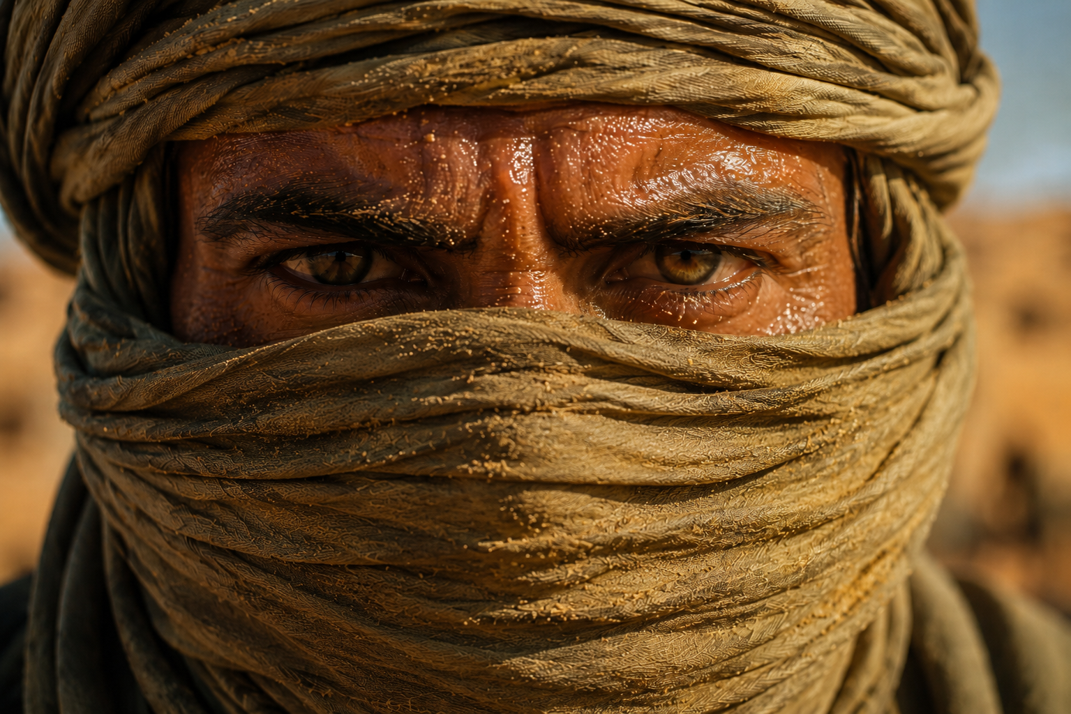 Portrait d'un combattant du désert, regard d'acier